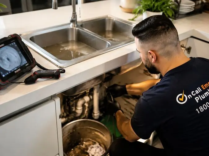 Plumber inspecting a kitchen drain with camera equipment, Highett