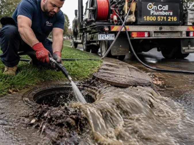 High-pressure sewer jetting at an outdoor drain, Highett