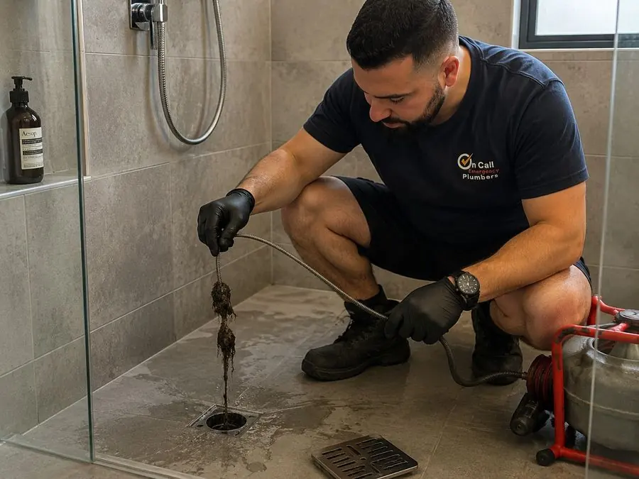 Plumber clearing a shower drain, Highett