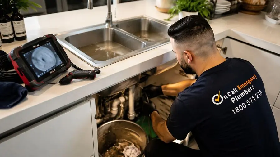 Plumber inspecting a kitchen drain with camera equipment, Highett