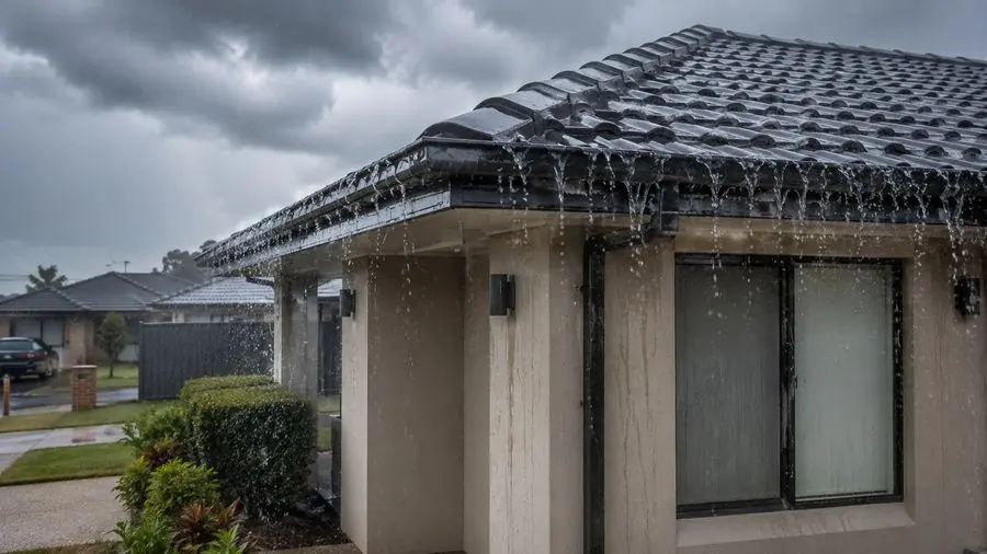 Overflow from a blocked roof gutter, Highett